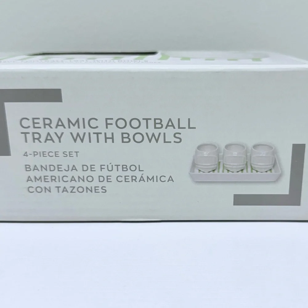 New! Crofton White Ceramic Trio Helmet Bowls with Rectangular Football Tray